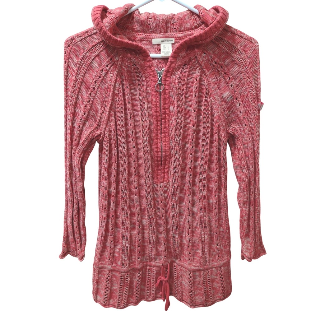 DKNY Jeans Hoodie Sweater Womens L Coral Pink Knit 1/2 Zip Long Sleeve